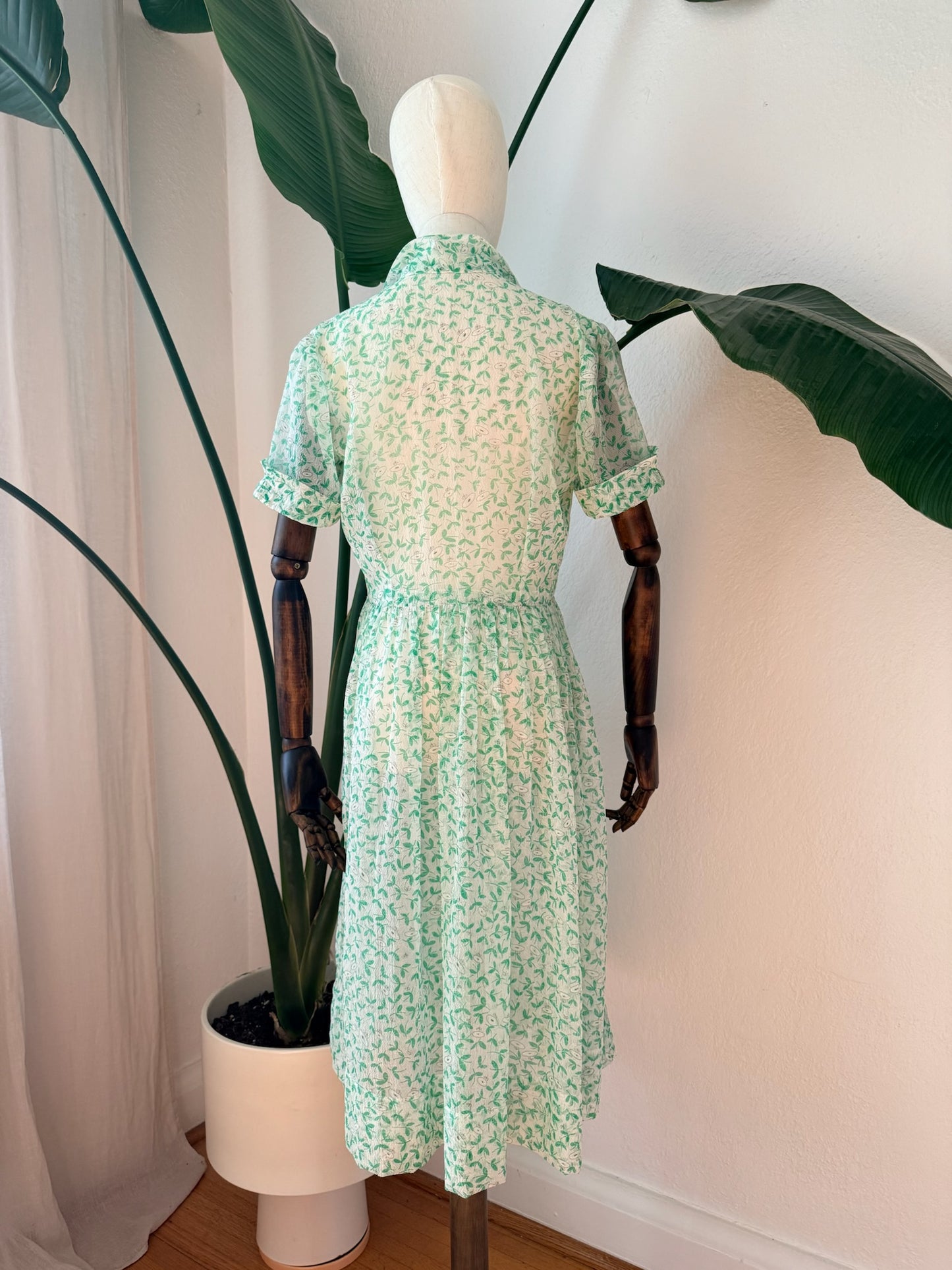 Vintage 1950s Sheer Green Printed Dress, Size Medium