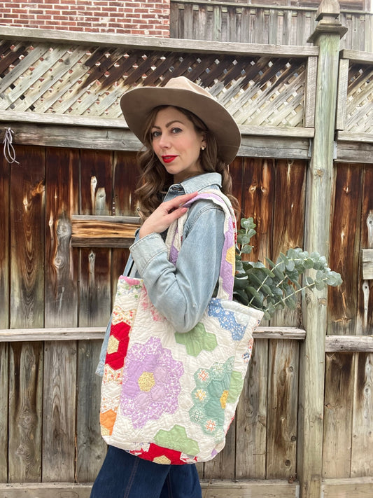Upcycled Vintage Quilt Patchwork Tote Bag - Version 2
