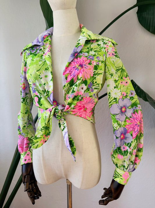 Vintage 1970s Floral Print Crop Top Blouse