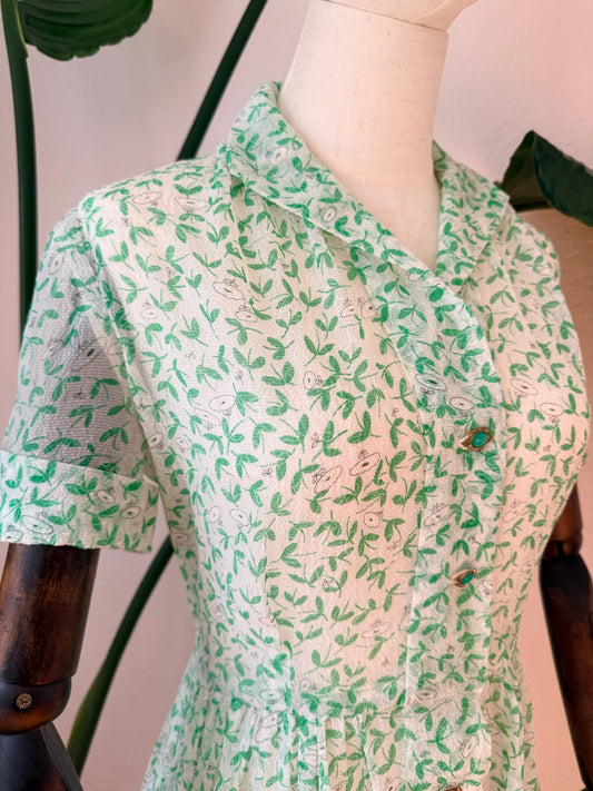 Vintage 1950s Sheer Green Printed Dress, Size Medium