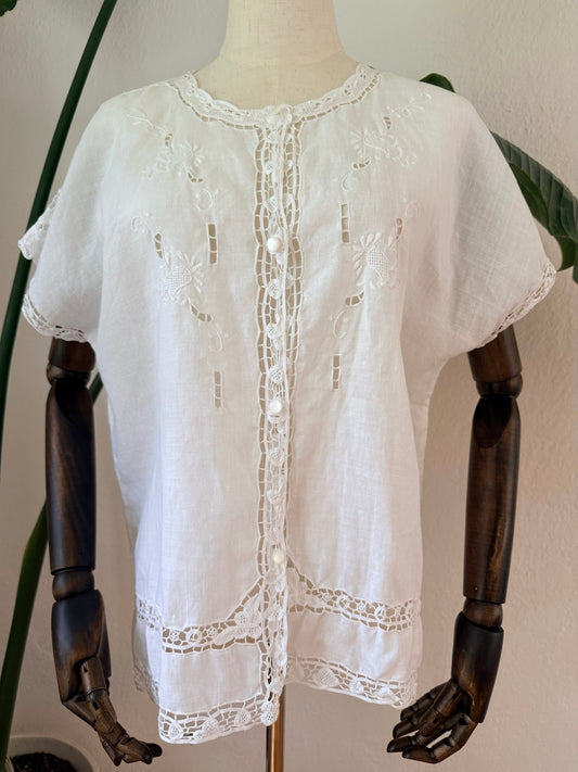 Vintage Boho White Linen Button-Up Blouse, Size Medium