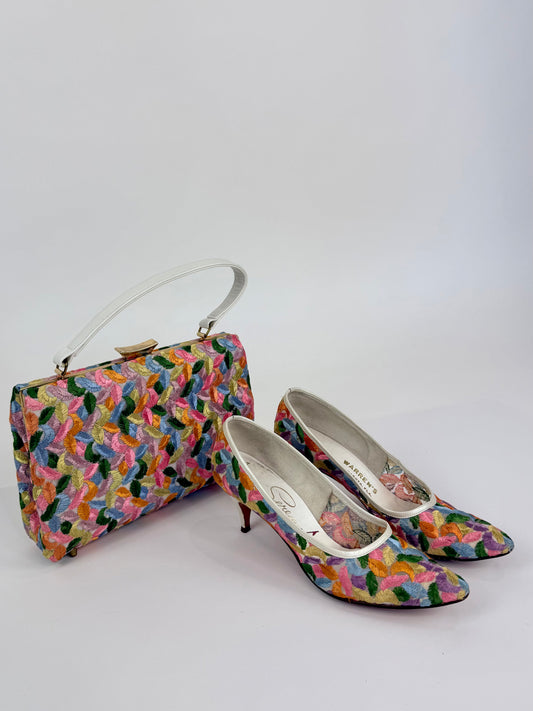 Vintage 1960s Embroidered Purse and Shoes Set, Size 7.5