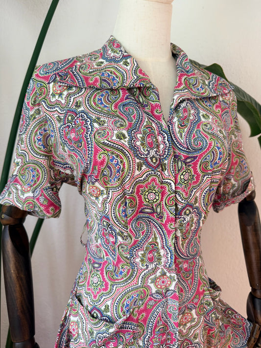 Vintage 1940s Saybery Paisley Print Hostess Dress, Size Small