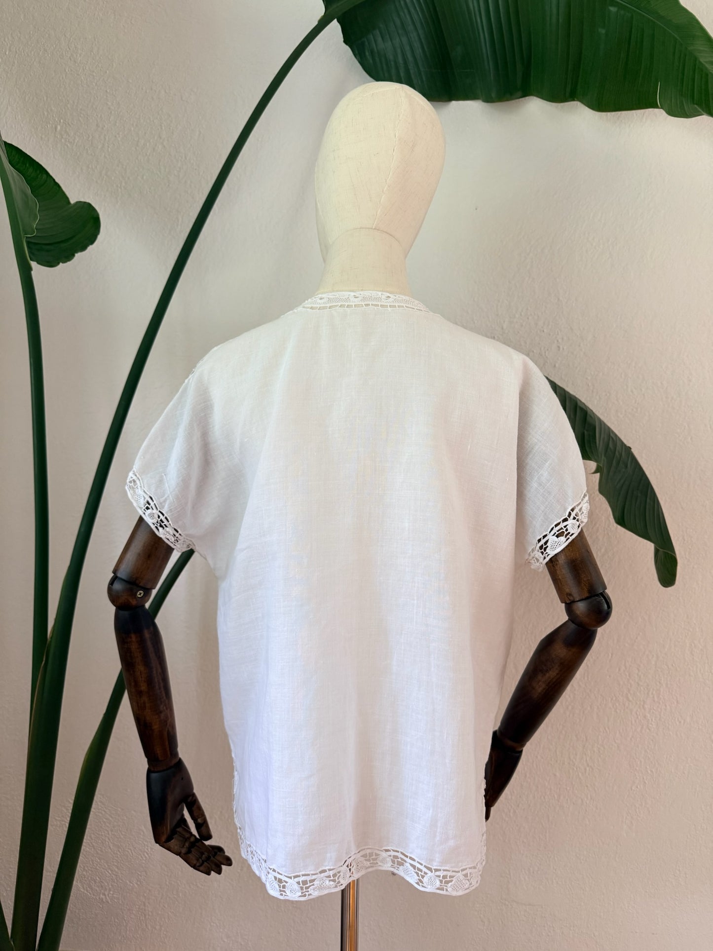 Vintage Boho White Linen Button-Up Blouse, Size Medium