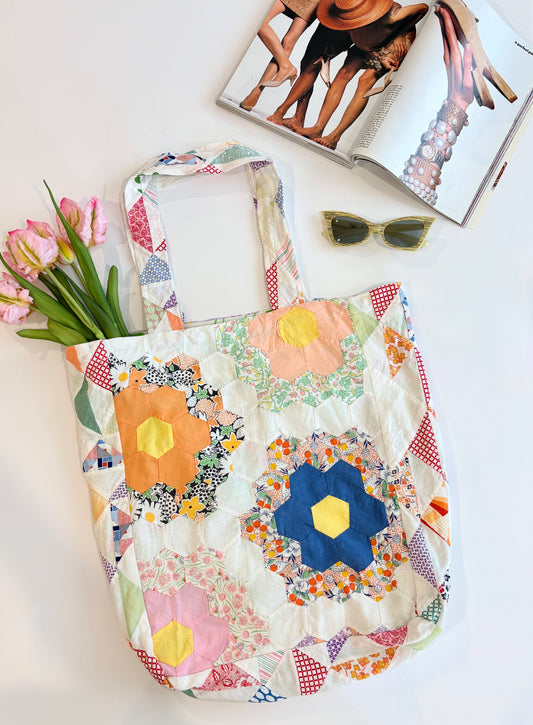 Upcycled Vintage Quilt Patchwork Tote Bag - Version 2