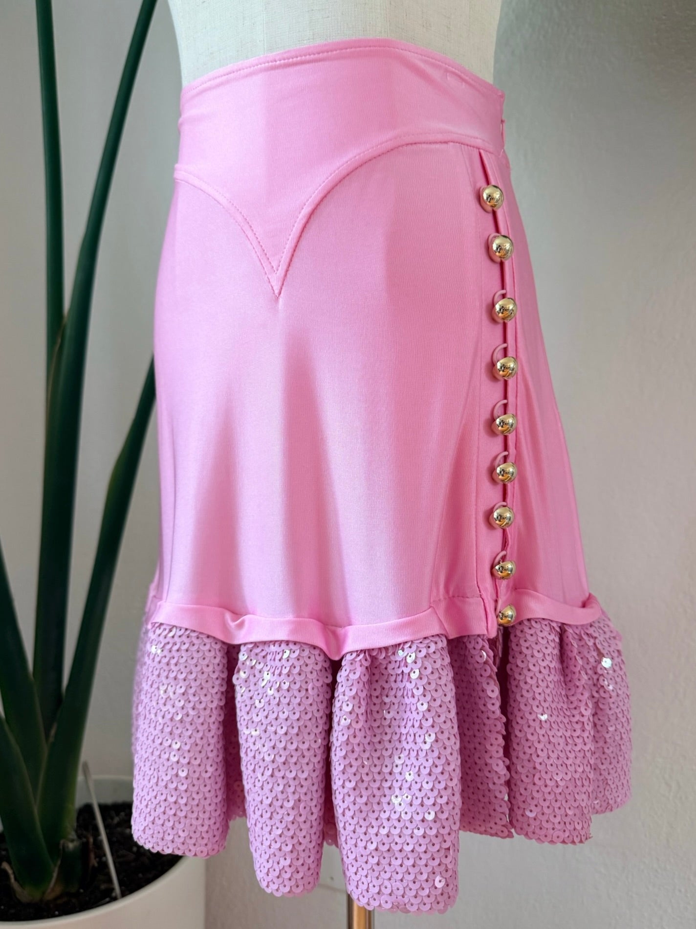 Vintage Y2K Paco Rabanne Pink Sequin Ruffle Skirt, Size Medium