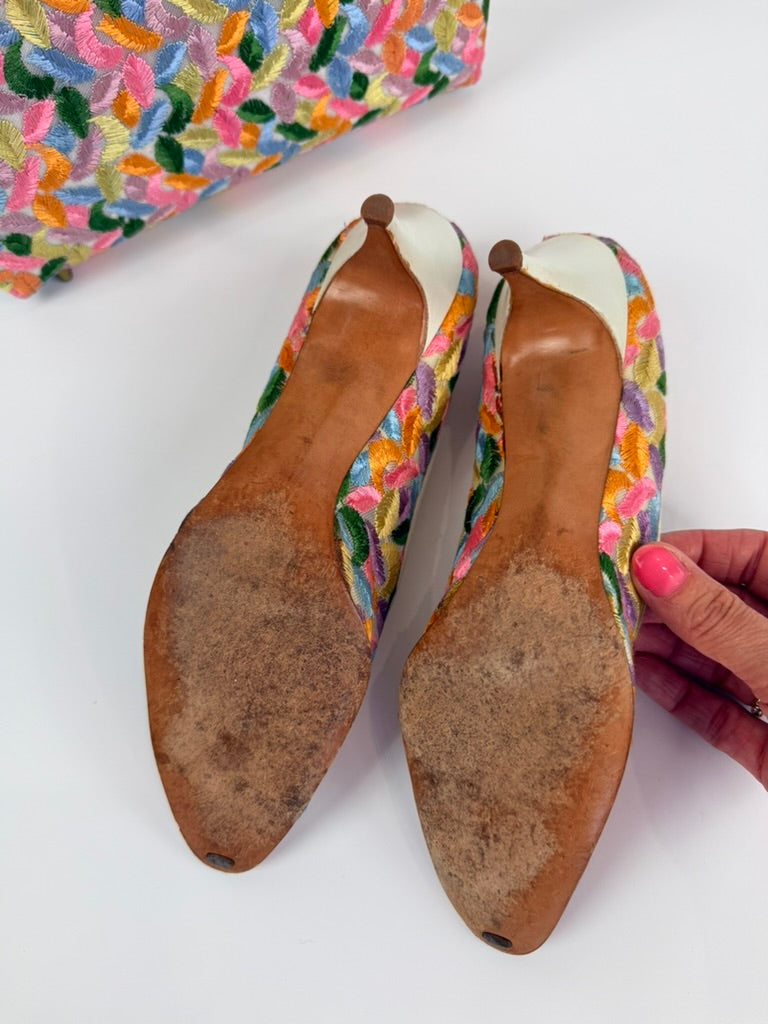 Vintage 1960s Embroidered Purse and Shoes Set, Size 7.5