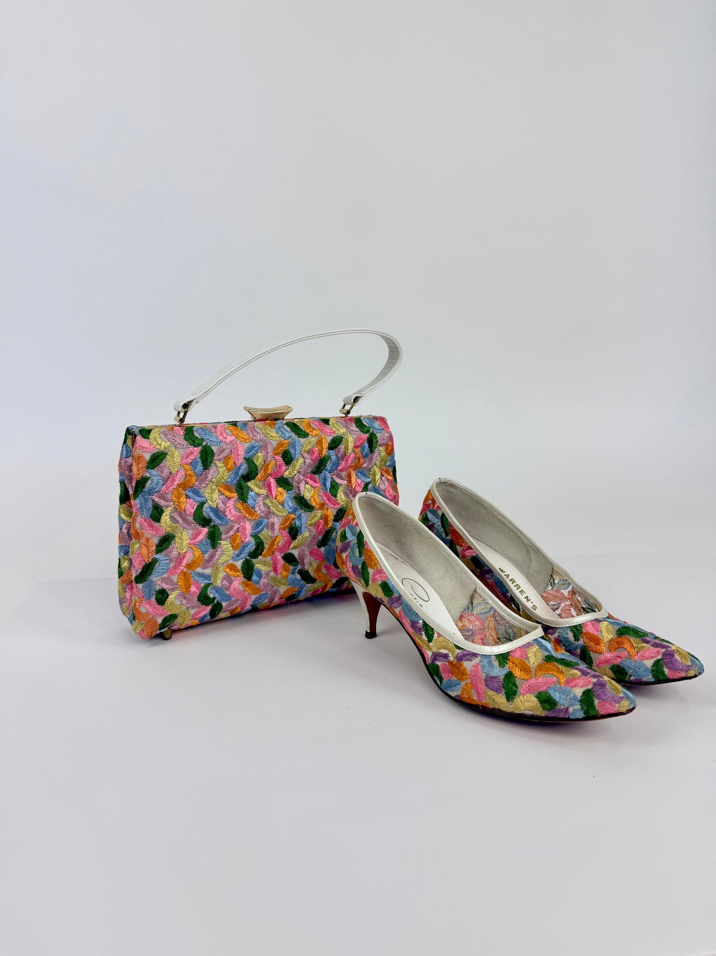 Vintage 1960s Embroidered Purse and Shoes Set, Size 7.5