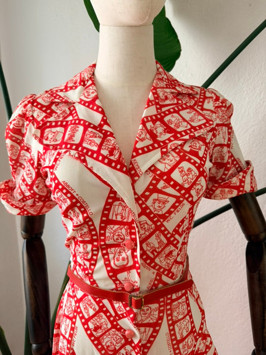 Vintage 1970s Film Reel Novelty Print Shirtdress, Size XS