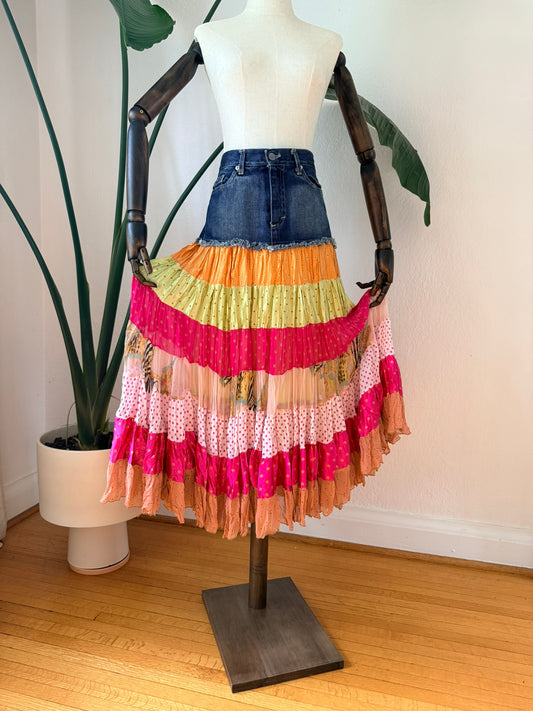 Vintage 1990s Denim Tiered Festival Skirt Size Medium