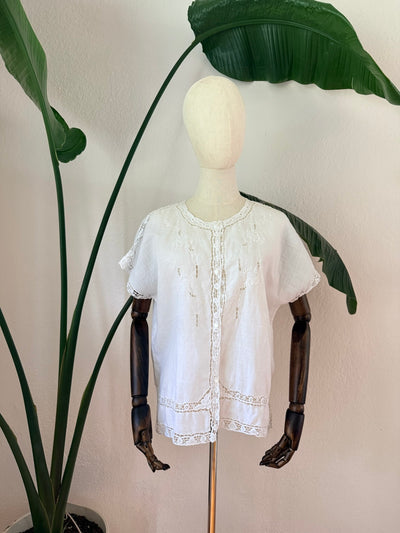 Vintage Boho White Linen Button-Up Blouse, Size Medium