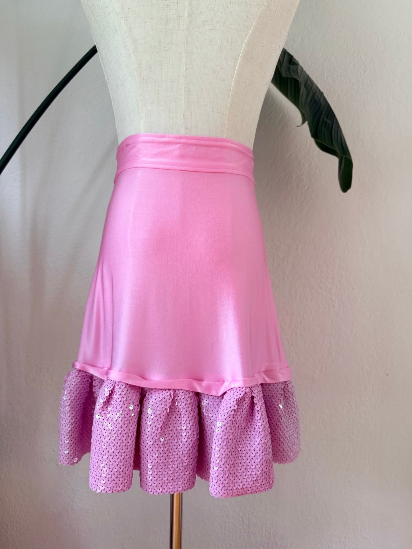Vintage Y2K Paco Rabanne Pink Sequin Ruffle Skirt, Size Medium