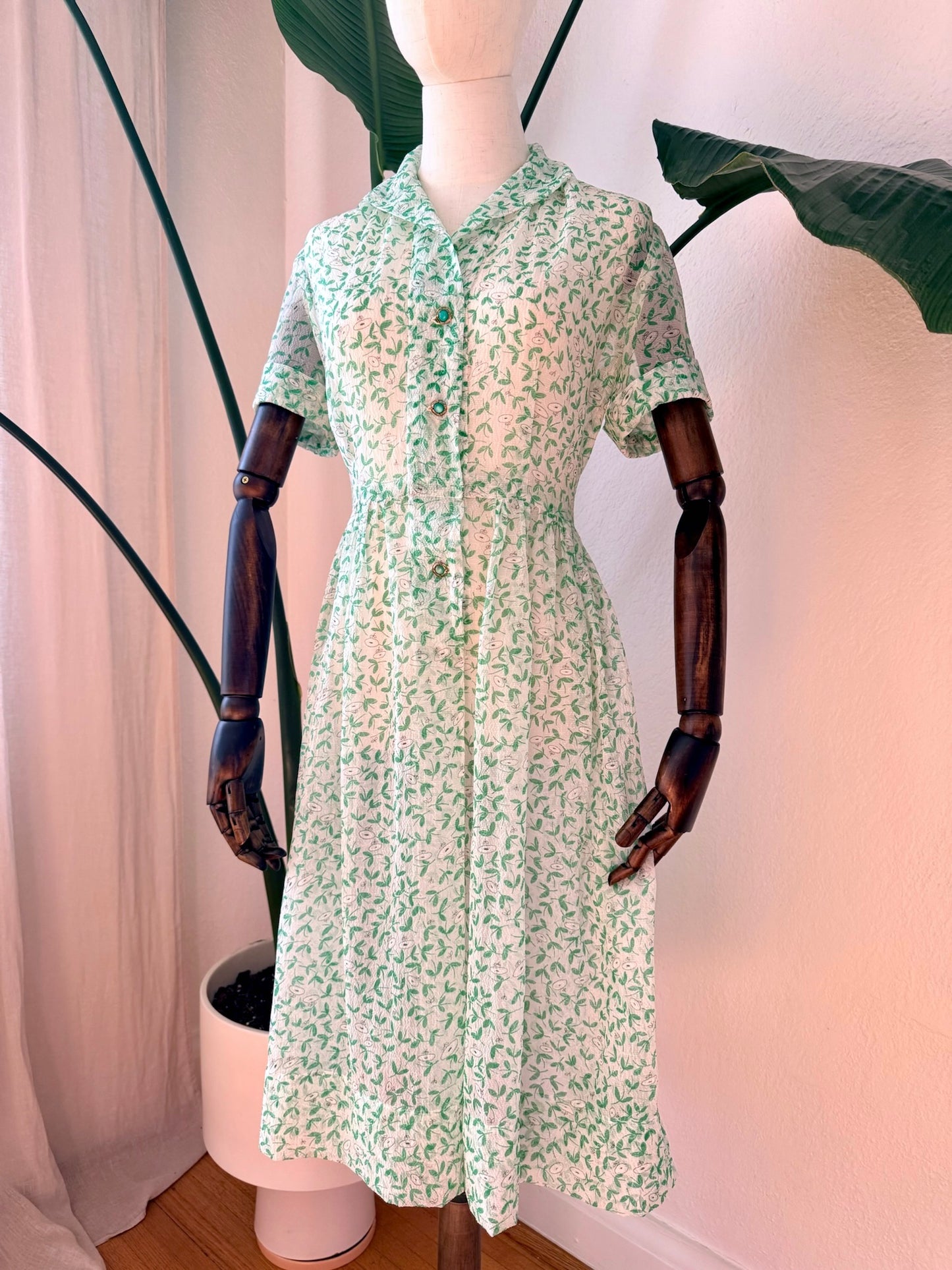 Vintage 1950s Sheer Green Printed Dress, Size Medium