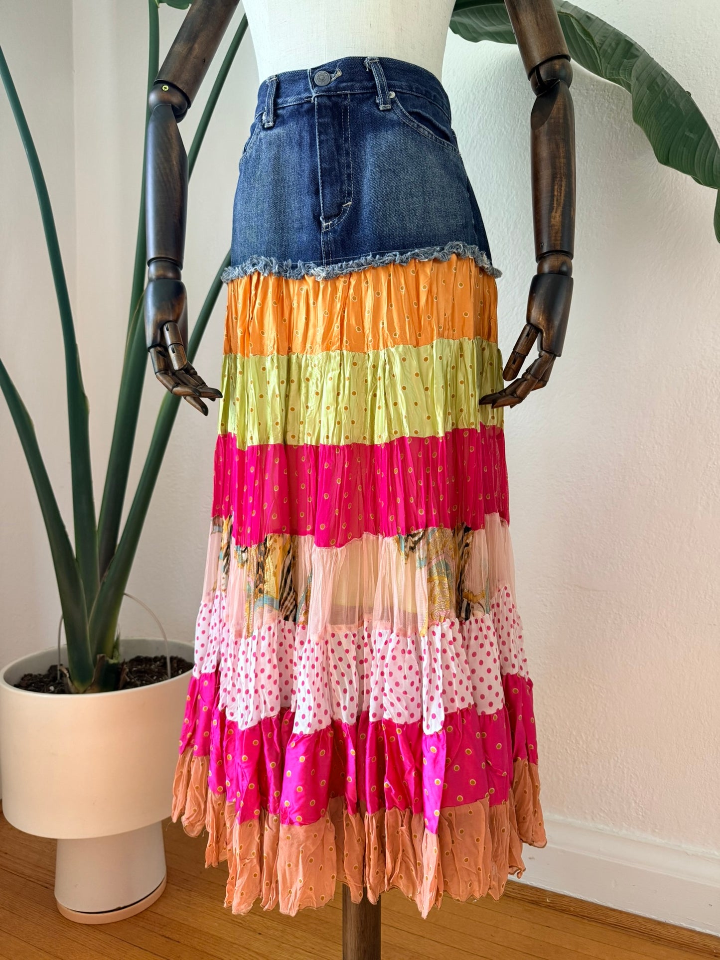 Vintage 1990s Denim Tiered Festival Skirt Size Medium