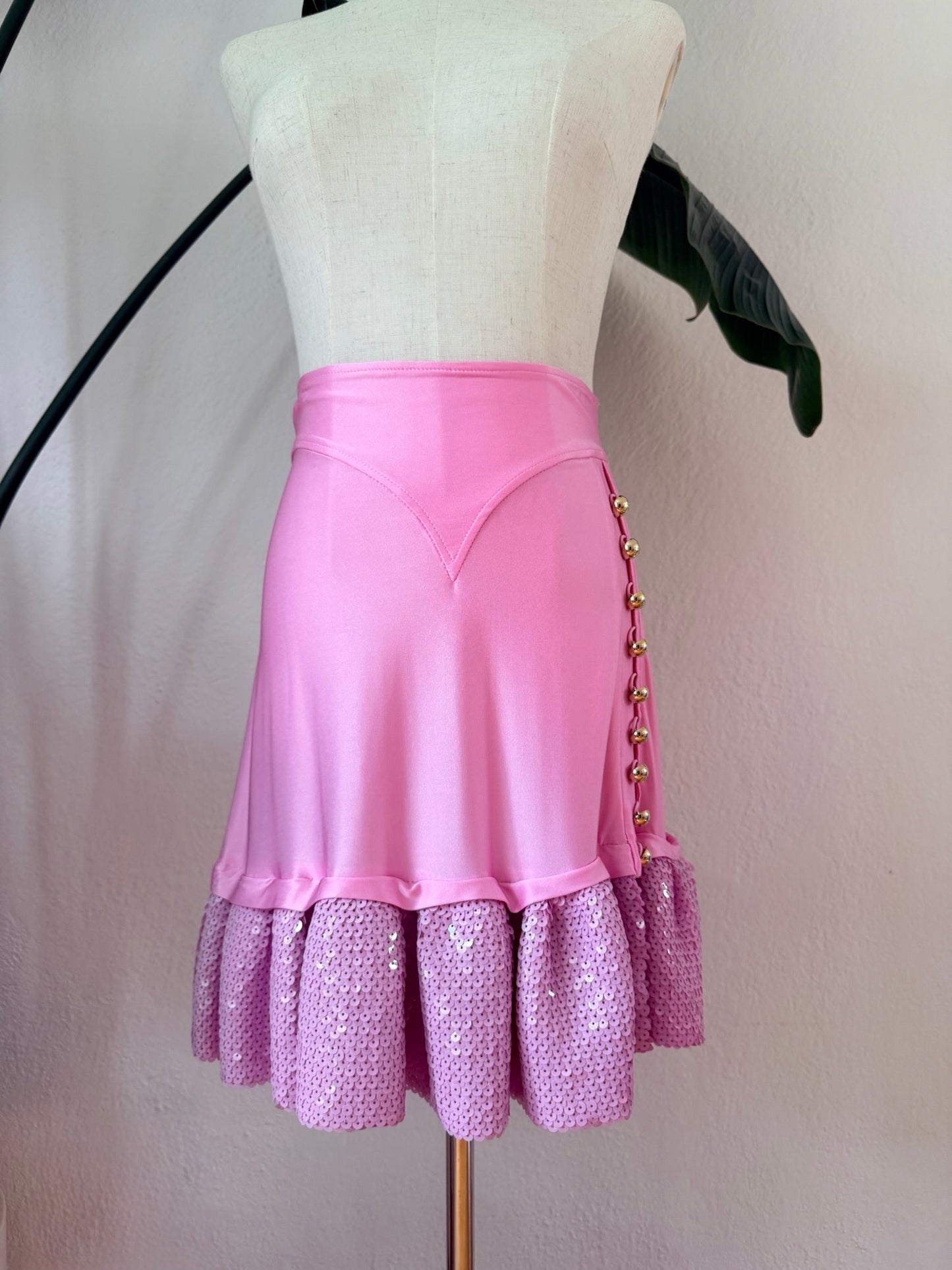 Vintage Y2K Paco Rabanne Pink Sequin Ruffle Skirt, Size Medium