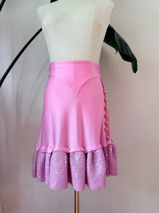 Vintage Y2K Paco Rabanne Pink Sequin Ruffle Skirt, Size Medium