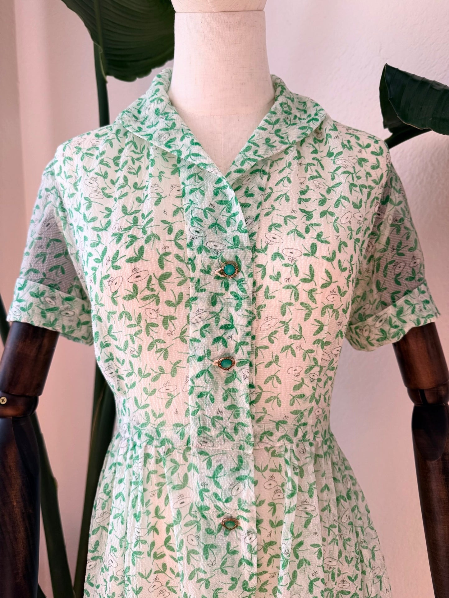 Vintage 1950s Sheer Green Printed Dress, Size Medium