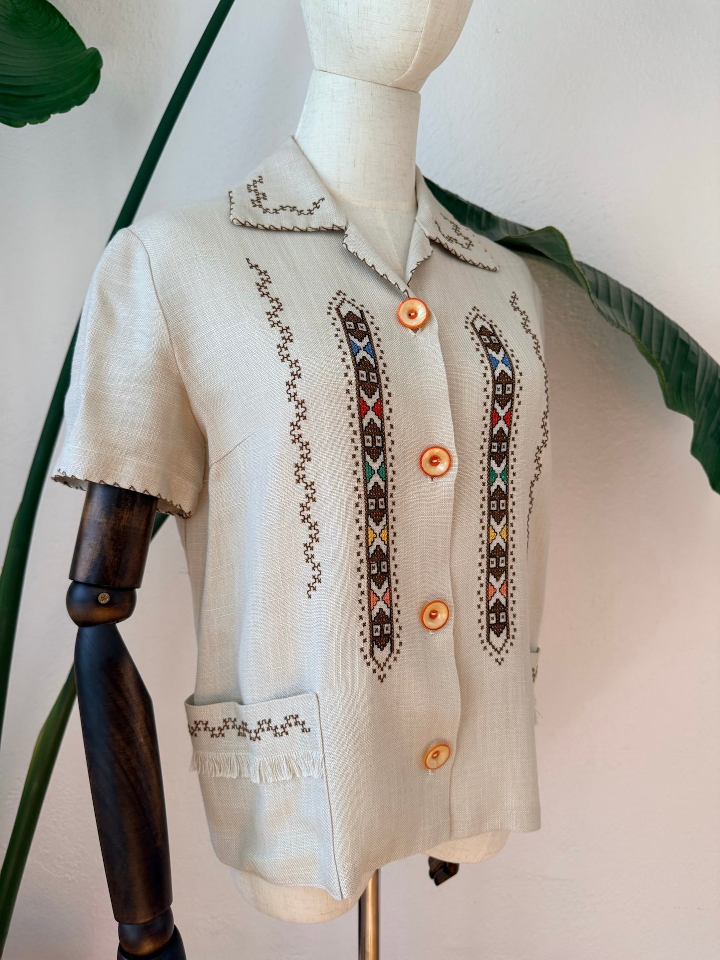 Vintage 1970s Boho Folk Embroidered Blouse, Size Small/ Medium