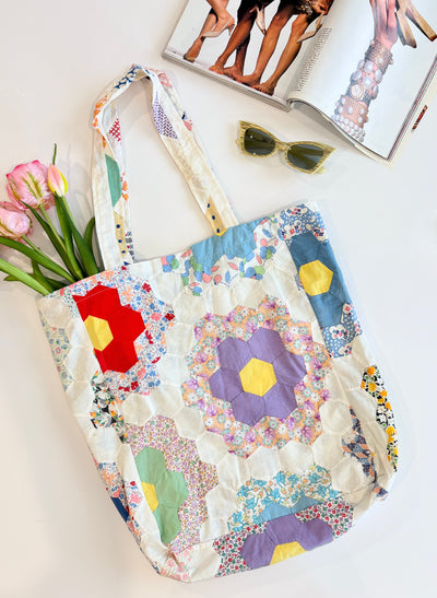 Upcycled Vintage Quilt Patchwork Tote Bag - Version 1