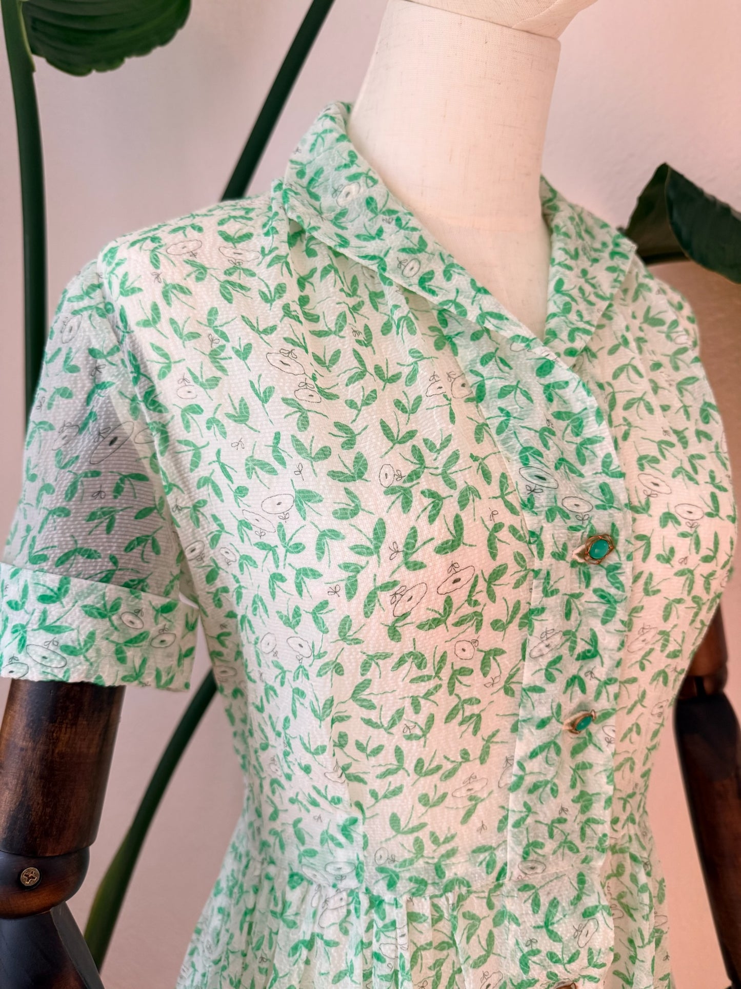Vintage 1950s Sheer Green Printed Dress, Size Medium