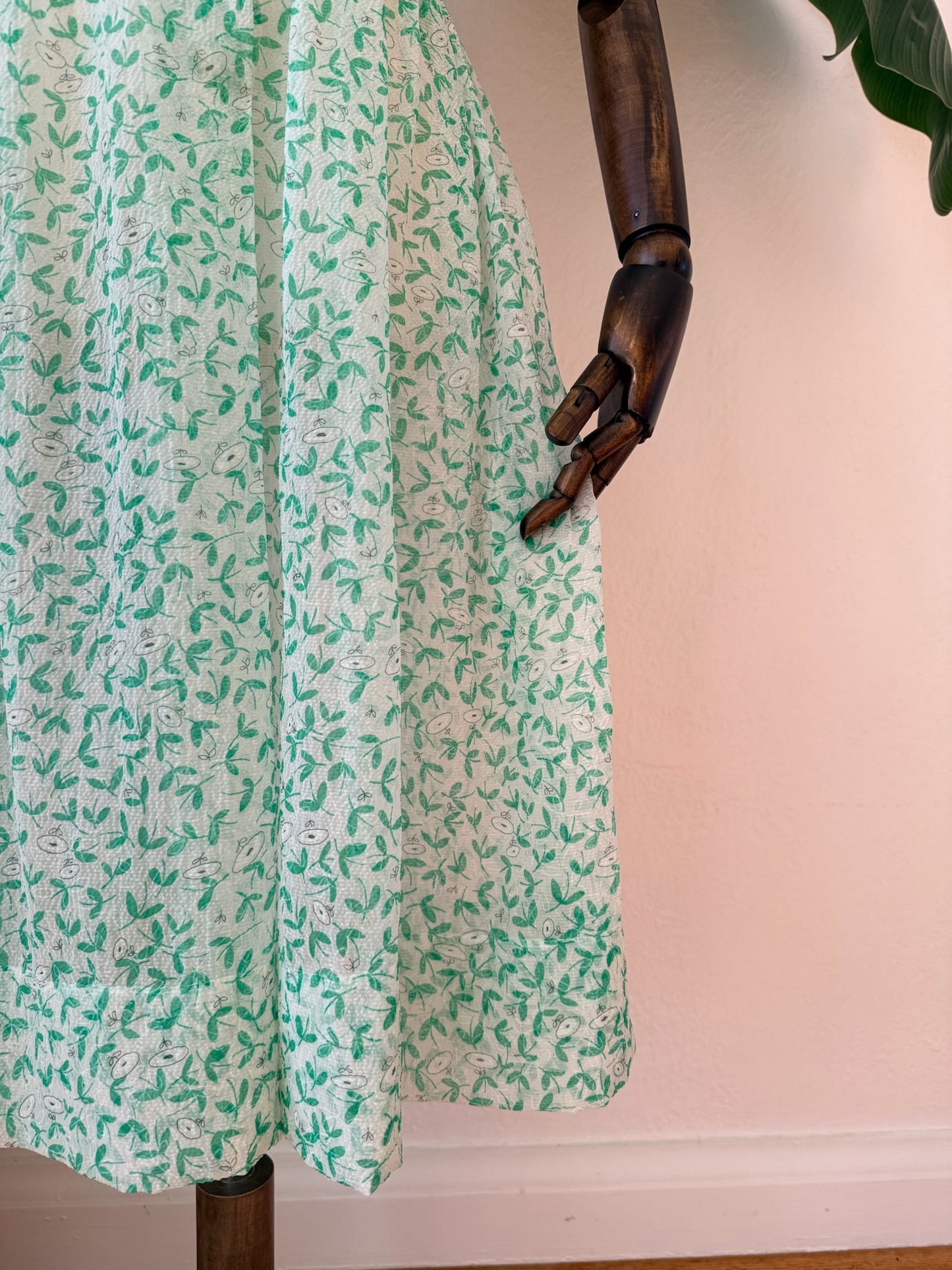 Vintage 1950s Sheer Green Printed Dress, Size Medium