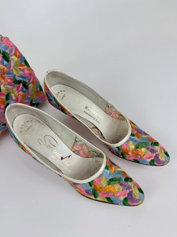 Vintage 1960s Embroidered Purse and Shoes Set, Size 7.5