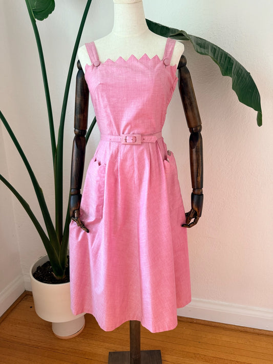 Vintage Late 1940s to 1950s Pink Scalloped Sun Dress, Size Small