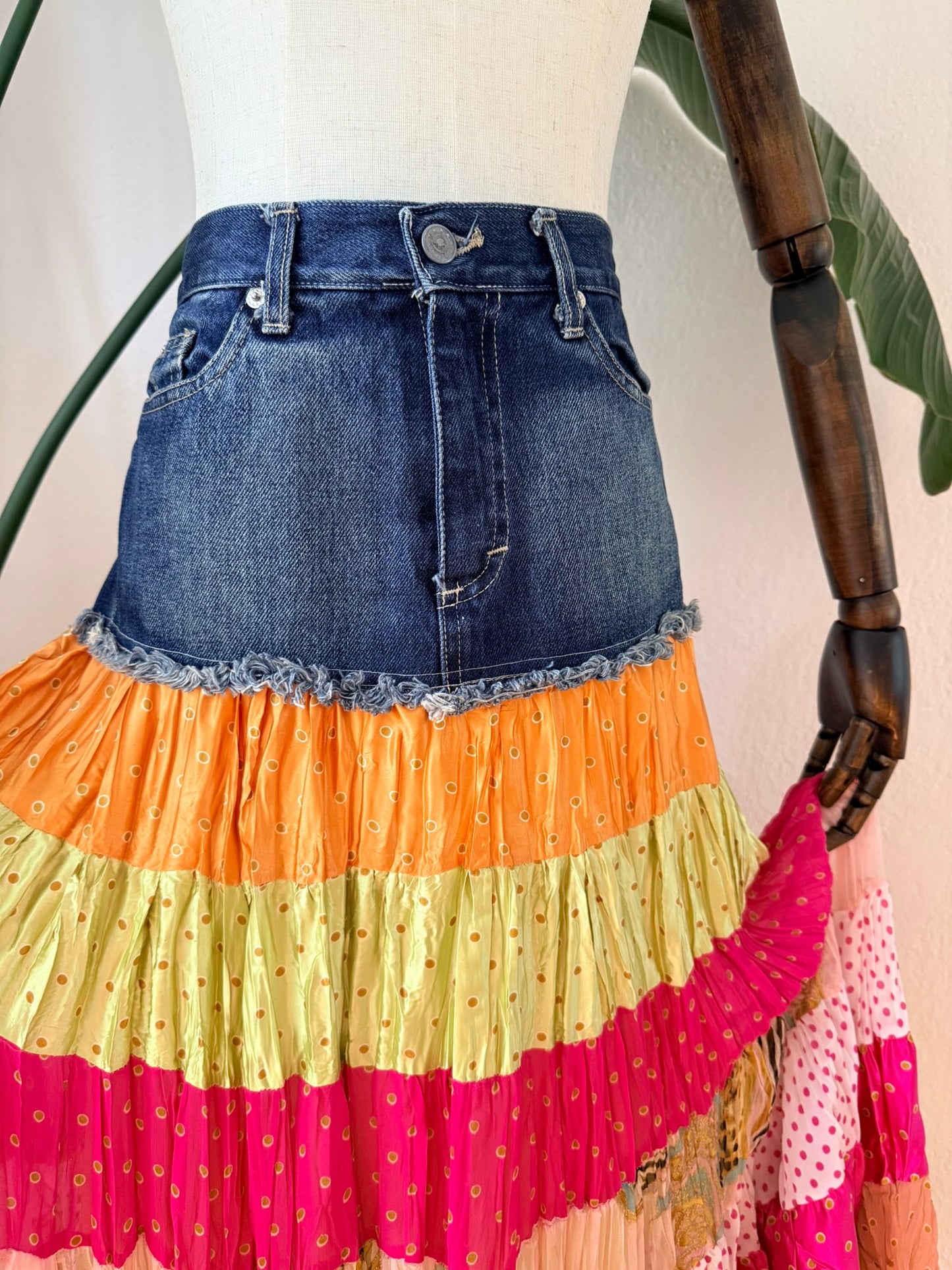Vintage 1990s Denim Tiered Festival Skirt Size Medium