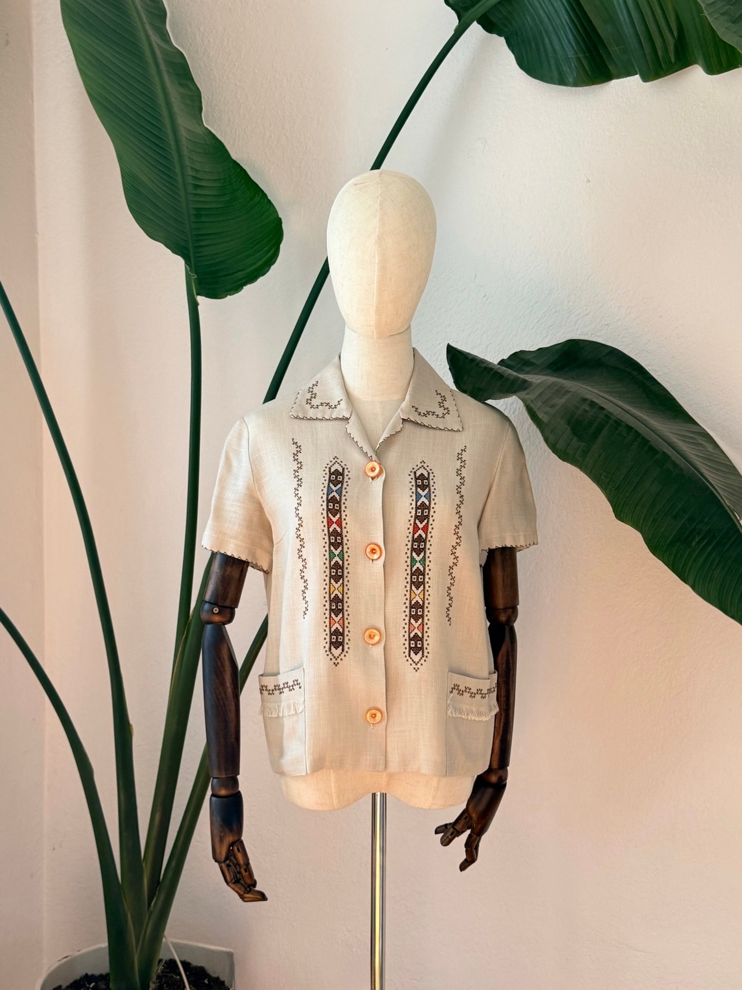 Vintage 1970s Boho Folk Embroidered Blouse, Size Small/ Medium
