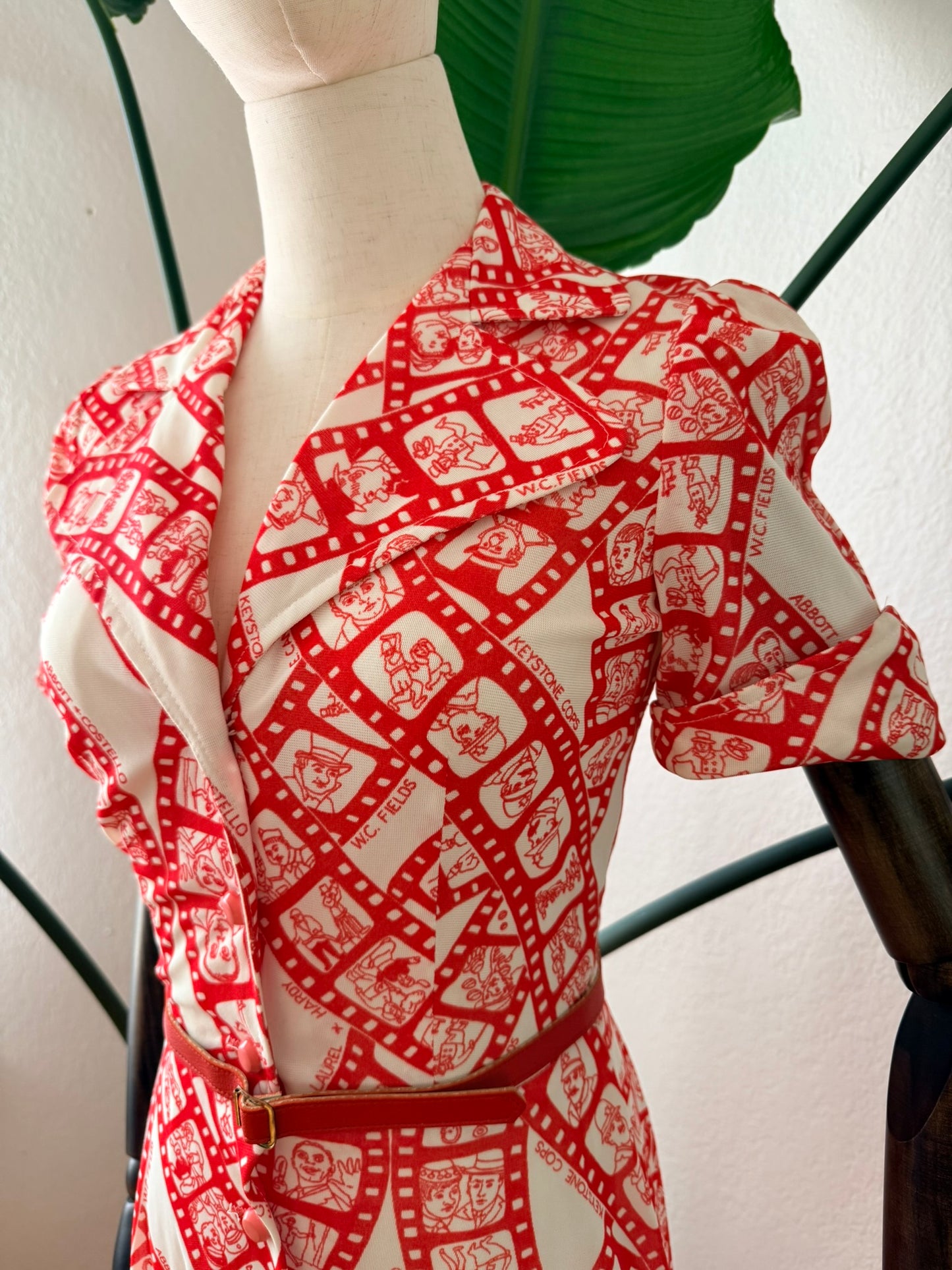 Vintage 1970s Film Reel Novelty Print Shirtdress, Size XS