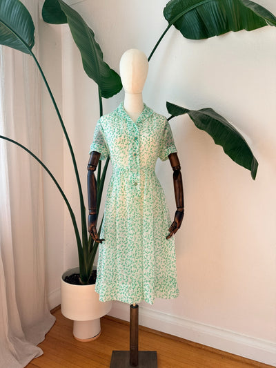 Vintage 1950s Sheer Green Printed Dress, Size Medium