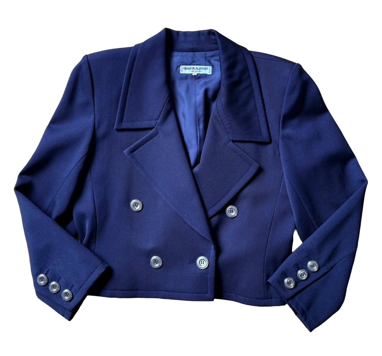 Vintage 1990s Yves Saint Laurent Rive Gauche Cropped Navy Jacket, Size Medium/ Large