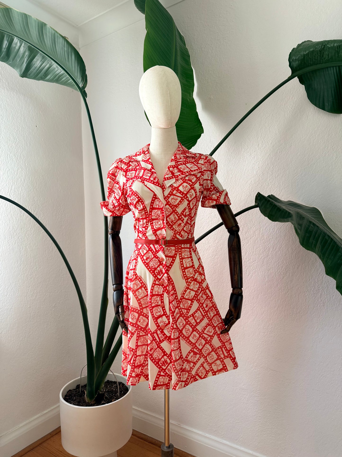 Vintage 1970s Film Reel Novelty Print Shirtdress, Size XS