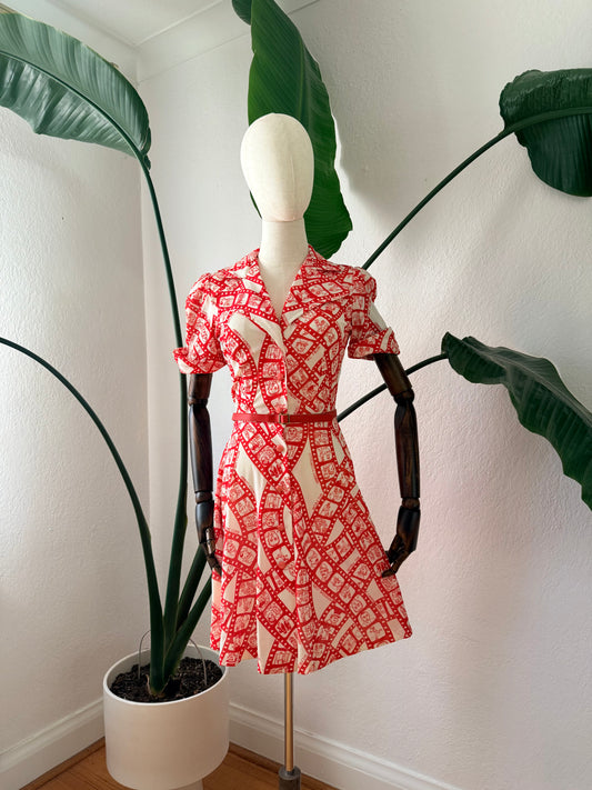 Vintage 1970s Film Reel Novelty Print Shirtdress, Size XS