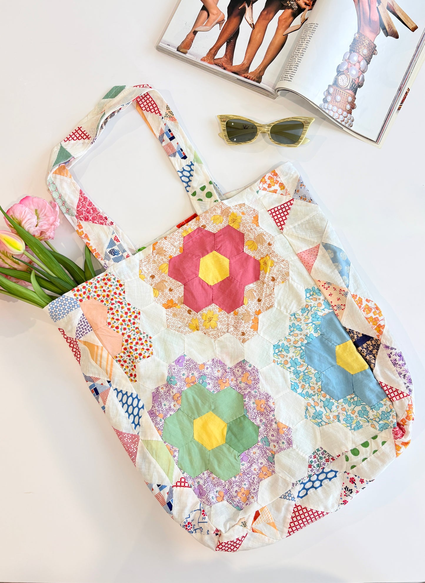 Upcycled Vintage Quilt Patchwork Tote Bag - Version 3