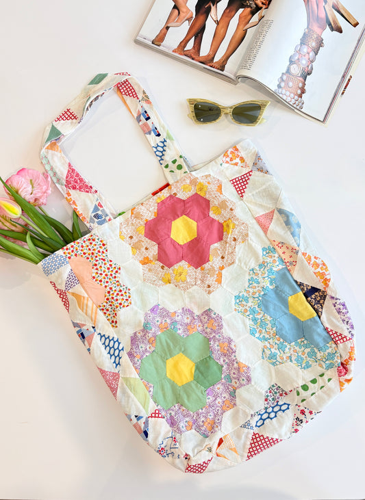 Upcycled Vintage Quilt Patchwork Tote Bag - Version 3