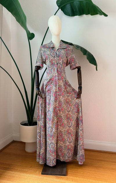 Vintage 1940s Saybery Paisley Print Hostess Dress, Size Small