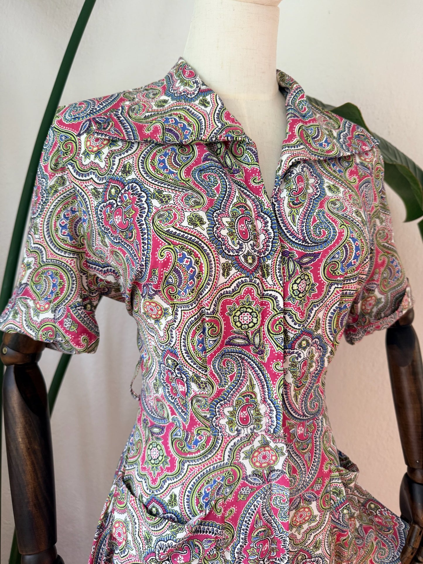 Vintage 1940s Saybery Paisley Print Hostess Dress, Size Small