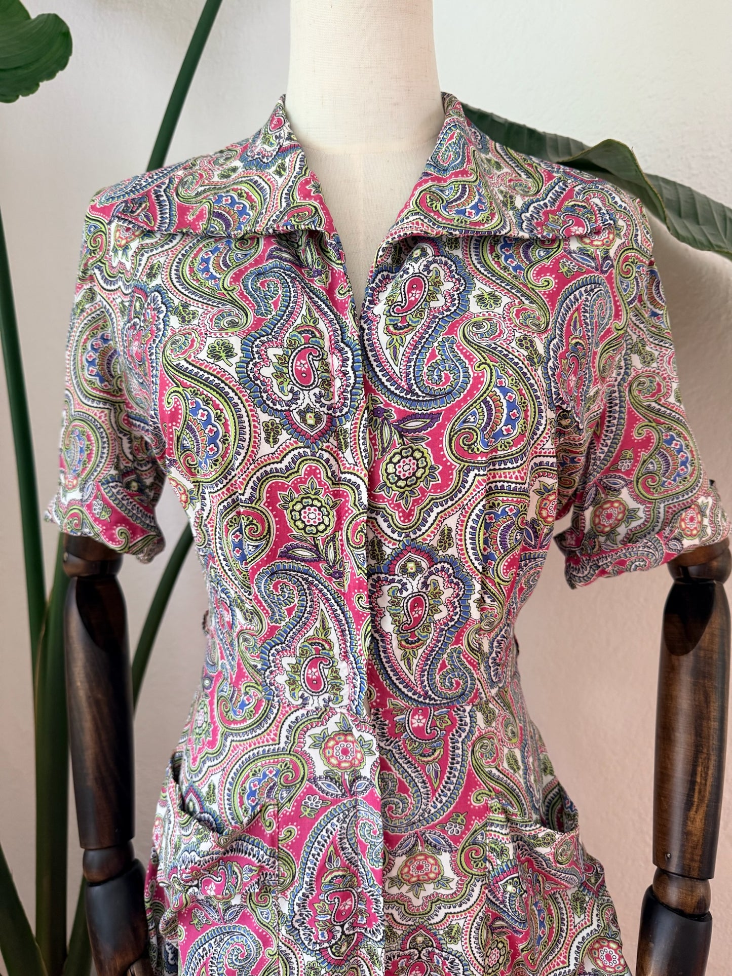 Vintage 1940s Saybery Paisley Print Hostess Dress, Size Small